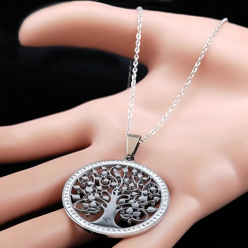 Tree of Life Crystal Stainless Steel Statement Necklace Women Silver Color Necklace Jewelry Christmas Gift collar mujer N49S03