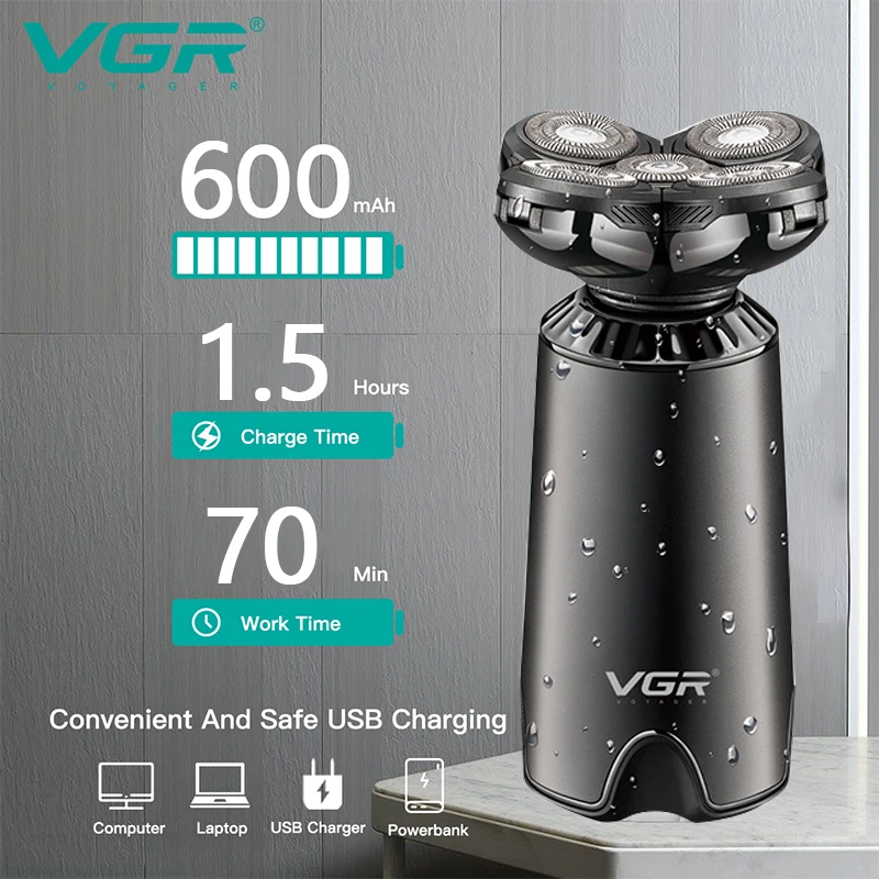 Vgr Intelligente Waterdichte Kapper Elektrisch Scheerapparaat Heren Baard Body Hair Trimmer Roterend Scheerapparaat Met 5 Kop