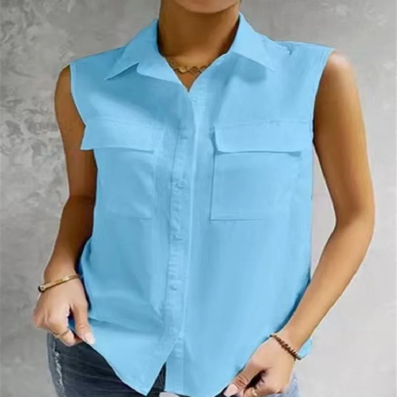 2023 Summer White Sleeveless Lapel Shirt Solid Color Pocket Office Lady Casual Elegant Shirts & Blouses For Women Fashion Tops