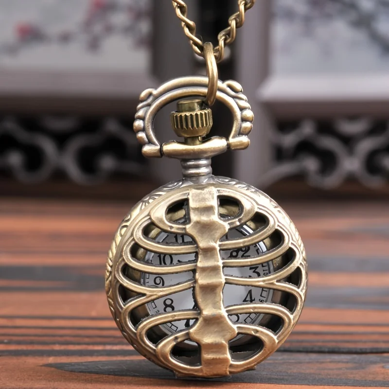 Vintage Bronze Bone Quartz Pocket Watch Small Size With Necklace Chain Gift for Women Kid Children Hollow Clock Hombre Relojes