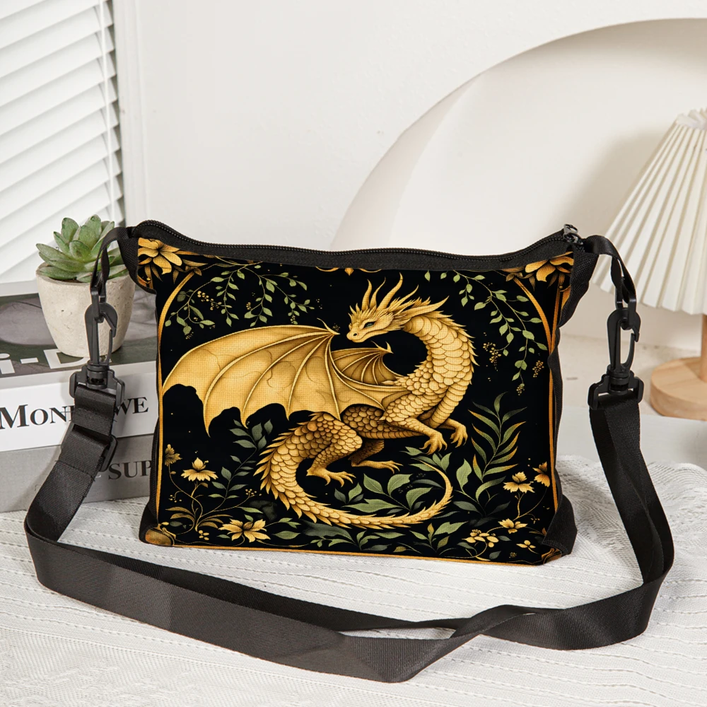 Golden Dragon Print Crossbody Bag Black Fantasy Mythical Creature Design Shoulder Bags For Women Men Fashion Statement Accessory