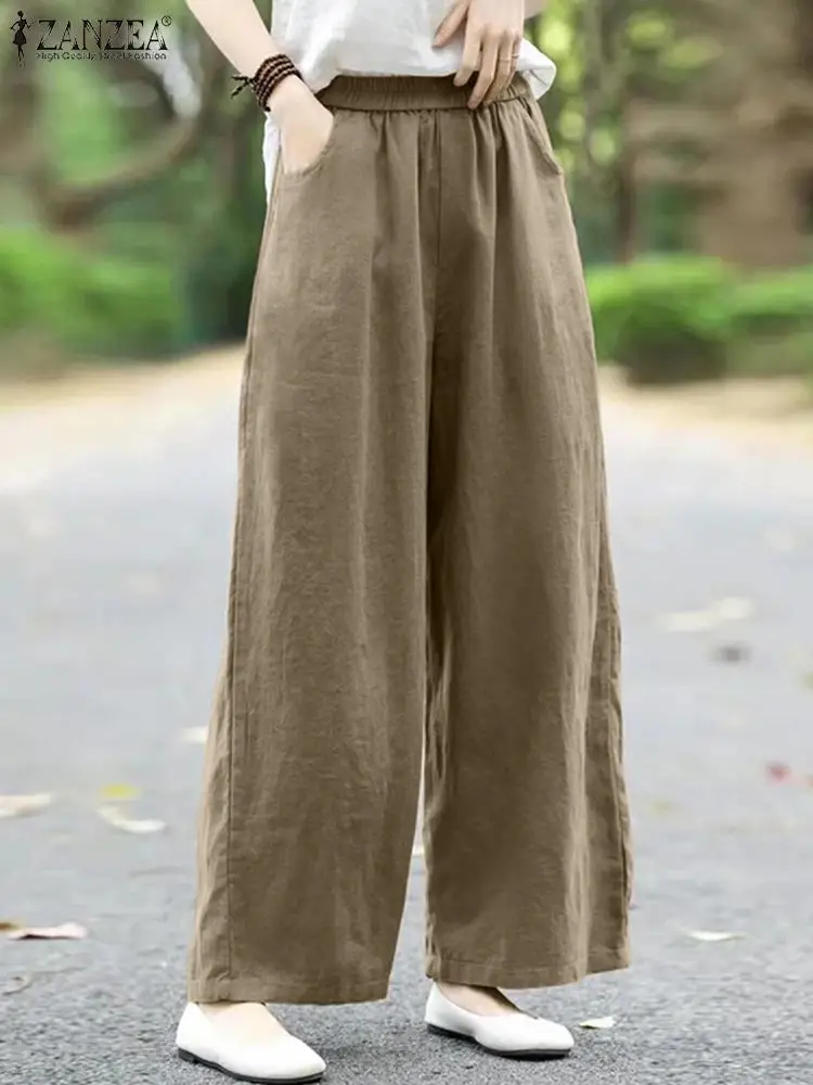 

ZANZEA Summer Vintage Solid Wide Leg Pants Women Elastic Waist Casual Work Pantalon Streetwear Palazzo Loose Cotton Trousers