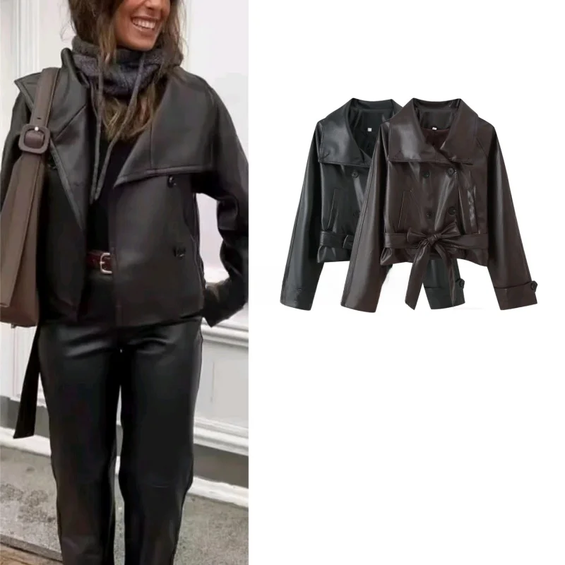 الرجعية Sle فضفاضة مزدوجة الصدر عقدة بولي Leather الجلود Jaet المرأة الخريف جديد Faion ملابس خارجية الدافئة الفانيلا #1