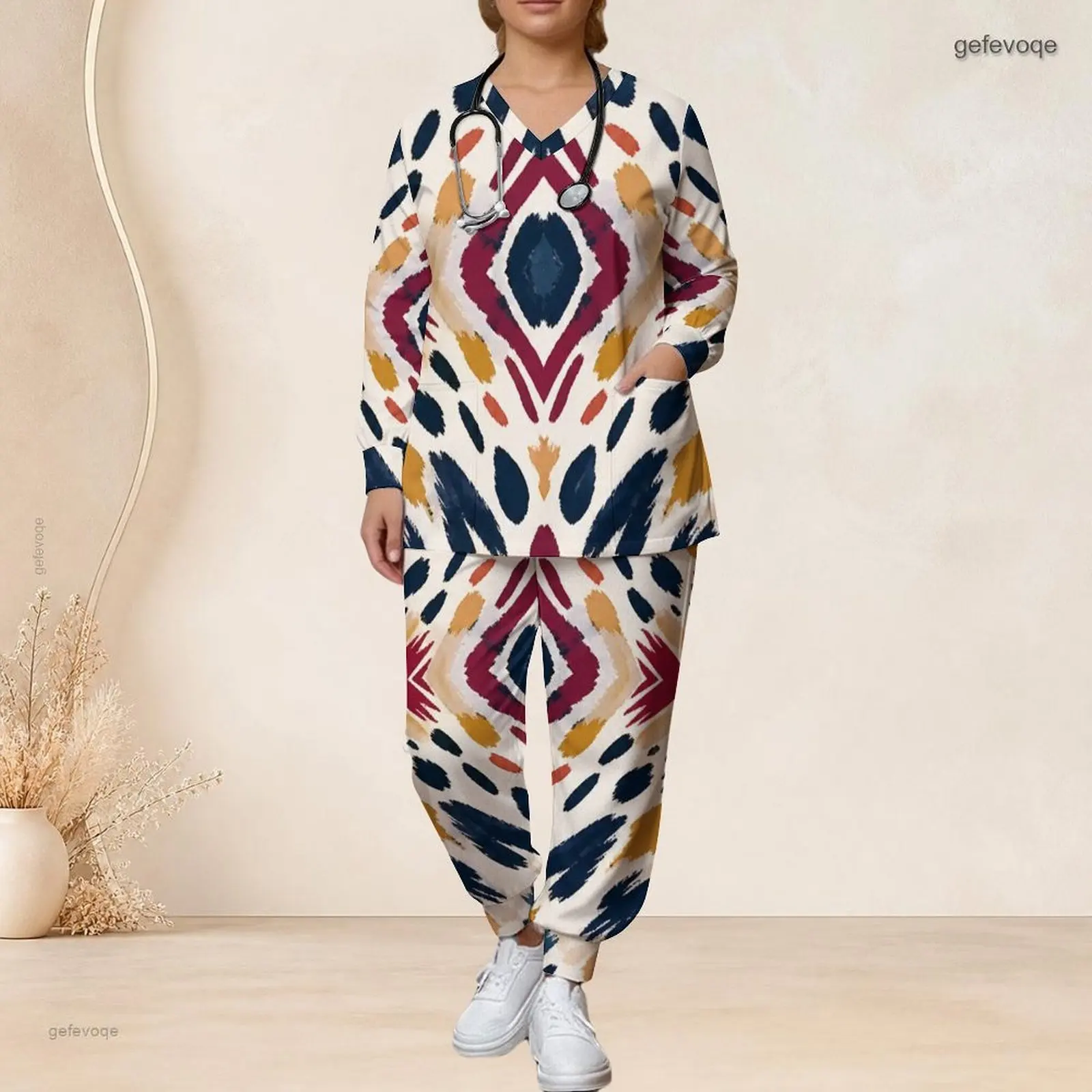 V Neck Long Sleeve Pocket Top Long Pants Two Piece Printed Scrub Set for Women
