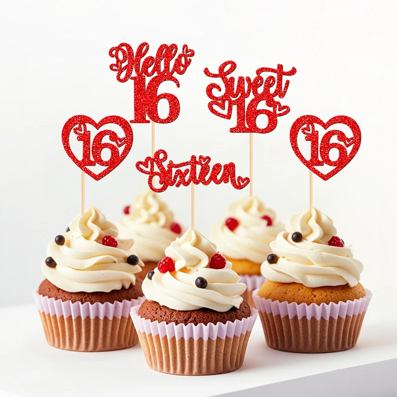 YOMDID 24 Stück Sweet 16 Kuchendekorationen Glitzer Hello 16 Cupcake-Topper Sixteen Happy 16th Cupcake-Dekorationen Geburtstagstorten-Aufsätze