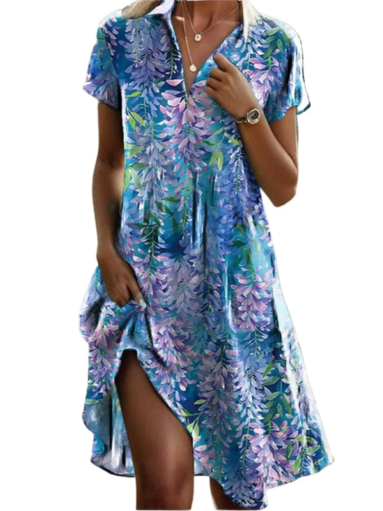 

Fashion New Women's Dress Summer Casual V Neck Short Sleeve Print Elegant Loose Beach Party Holiday Dresses For Women Robe Femme