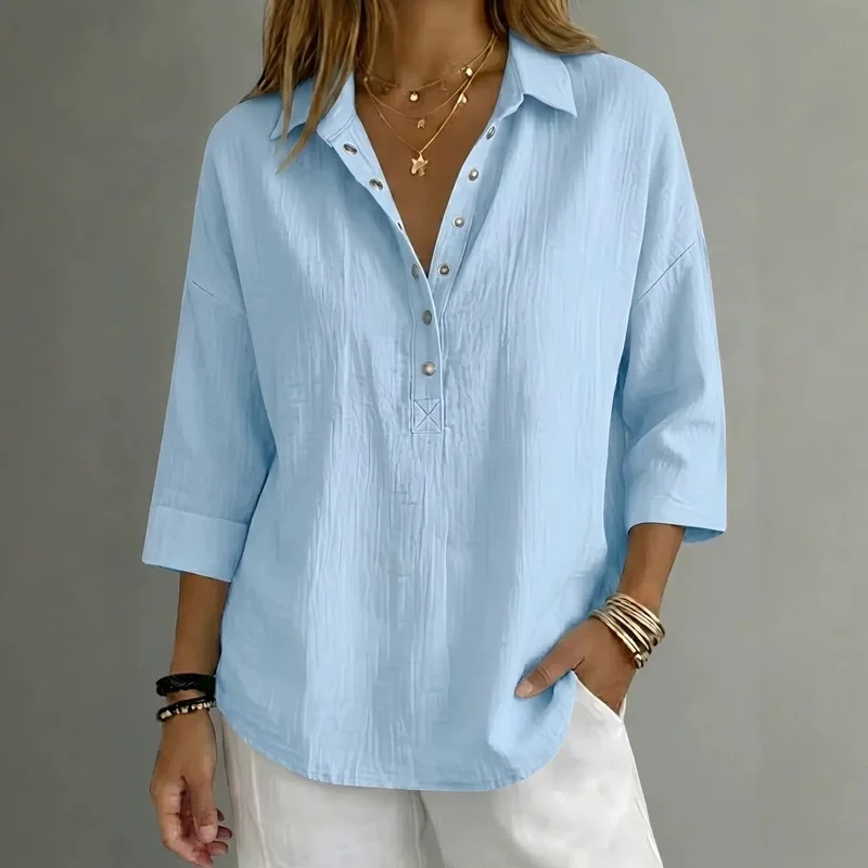 2026 Summer European And American Style Loose Solid Color Casual Seven Sleeve Shirt For Women Daily Wear Outdoor Commute