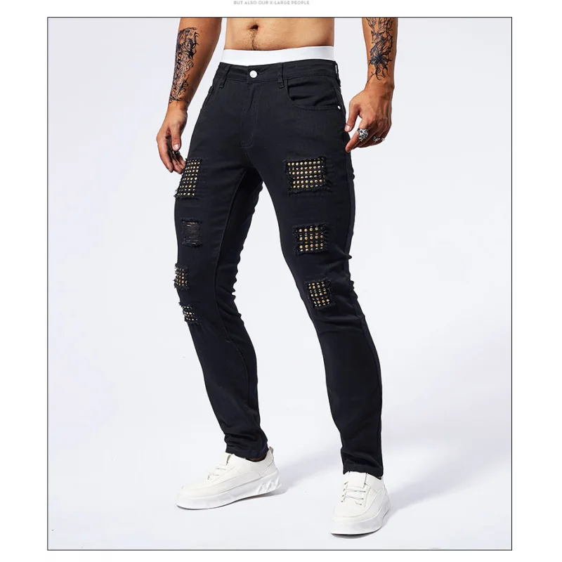 

2024 New Summer Muscle Jeans, Men's Elastic Slim Fit, Perforated Patch, Street Fashion, Black Tight Pants