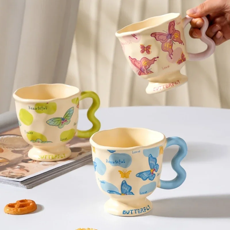 Cute butterfly tall coffee cup, elegant high appearance level, household girls' mug, cartoon office ceramic cup