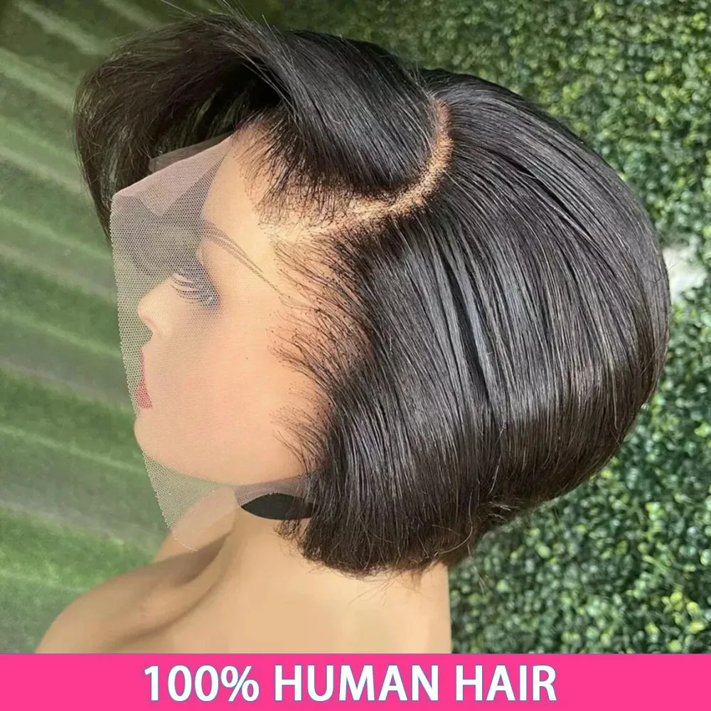 Peluca de cabello humano con raya lateral, pelucas frontales de encaje 13x1, pelucas de cabello humano corto estilo pixie bob para mujer, peluca de cabello humano con encaje frontal 13x4