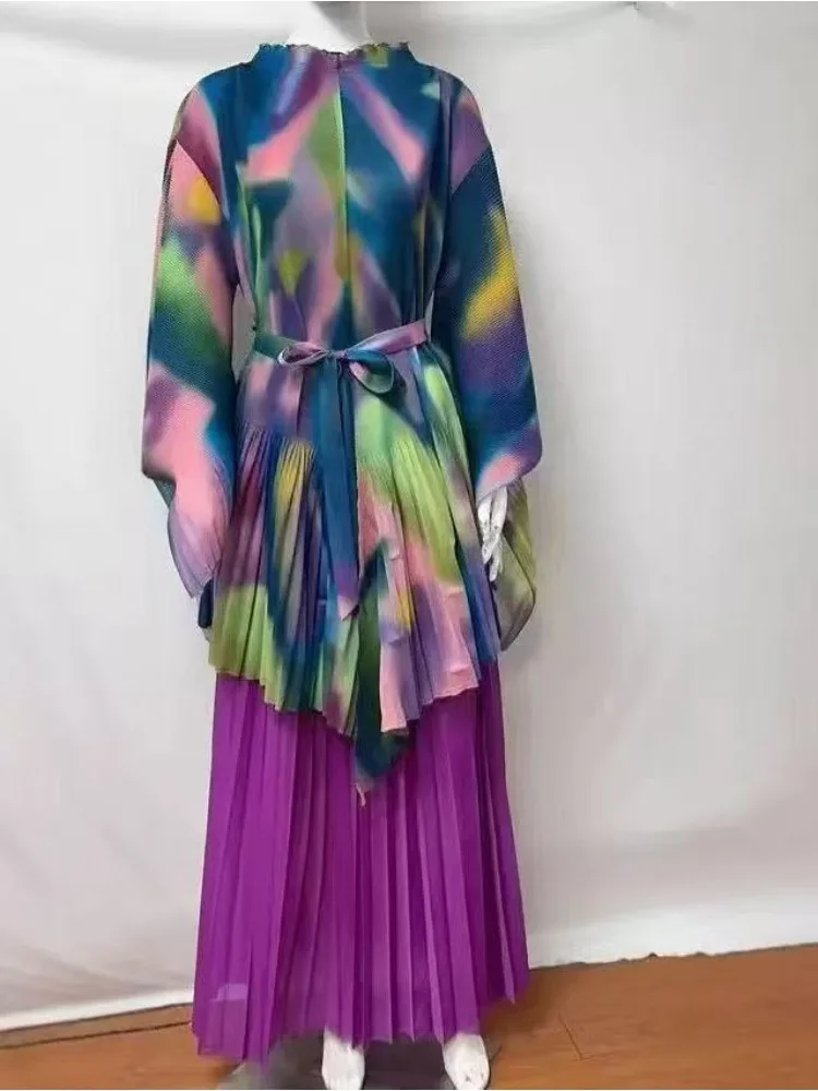 2025 مياكي مطوي طباعة جديدة غير النظامية قطعتين مجموعة حزام فضفاض المرأة تنورة مجموعة الخريف جديد