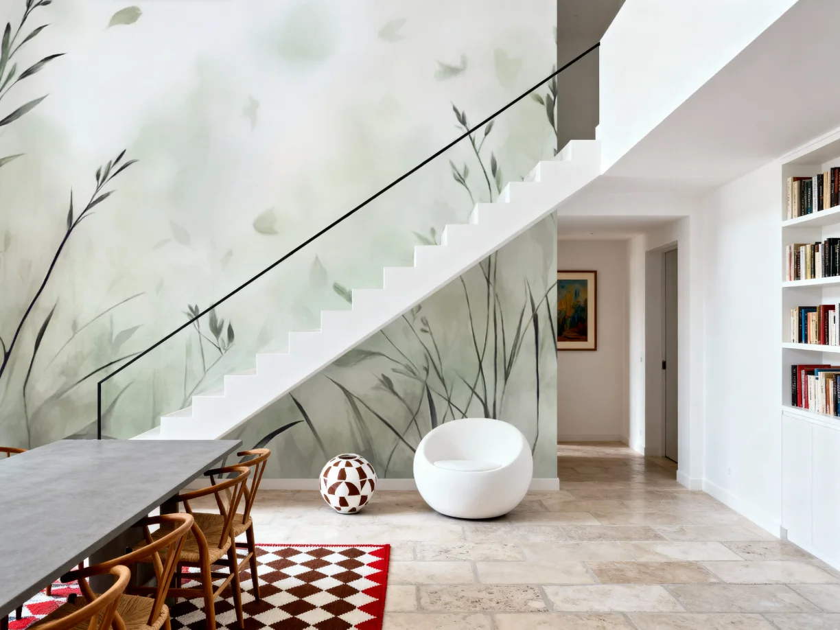 Custom Sized Mural with Sage Green Leaf Watercolor Texture Wallpaper for Bedrooms, Living Rooms, and Natural Inspiration Murals