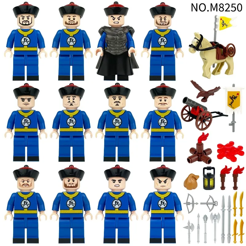 

8250soldiersunderthecityQingDynastysoldiersminiaturechildrenassemblesmallparticlesbuildingblocktoys horse gun weapon accessories