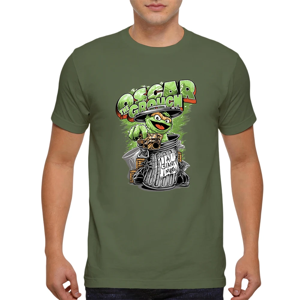 Mens 100% Cotton T Shirt Oscar The Grouch A Giant Nug Trash Can Cartoon Graffiti Letter Print Breathable Short Sleeve Daily Wear