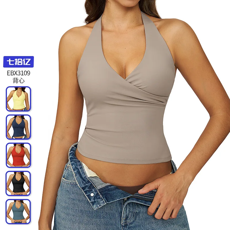 

Overlapping red V-neck halter-neck yoga vest, women's casual brushed tight quick-drying sports running fitness top, black