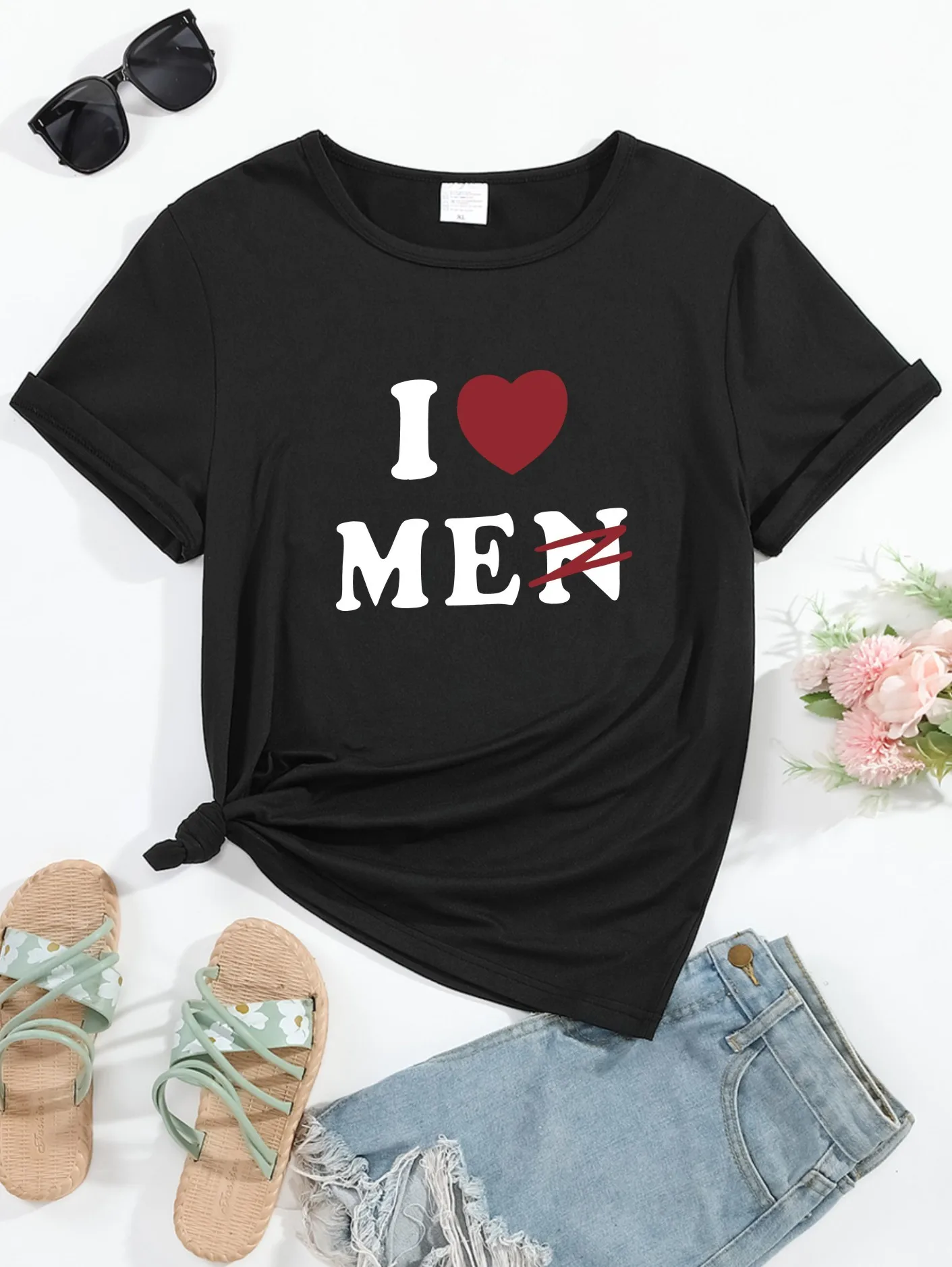 Lässiges Rundhals-T-Shirt für Damen, bequemes Mode-Top, trend ige Sport bekleidung, einfacher Stil, T-Shirt mit "Ich liebe mich"-Print