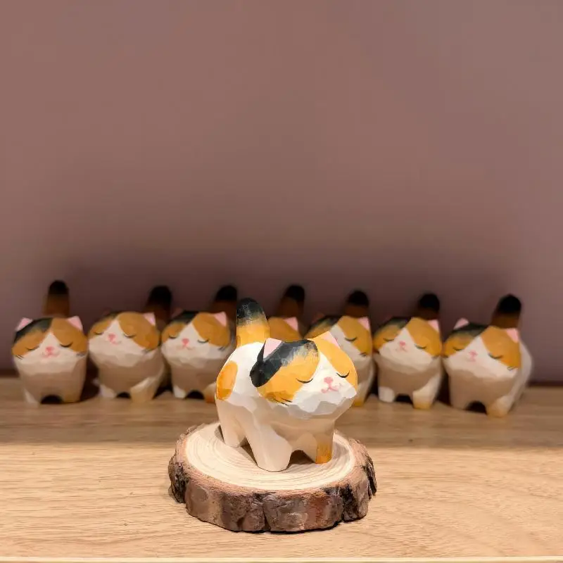 1Pcs Calico Cat Animal Figurines Handcraved Wooden Statue Desk Home Office Decor Gift For Cat Lovers