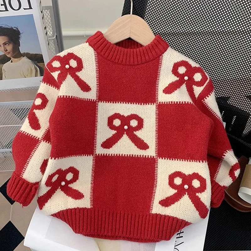Girls Christmas Sweaters Autumn Winter Colour Matching Bowtie Knit Print Xmas Pullover For 4-12Years Teen Kids Warm Knitwear Top