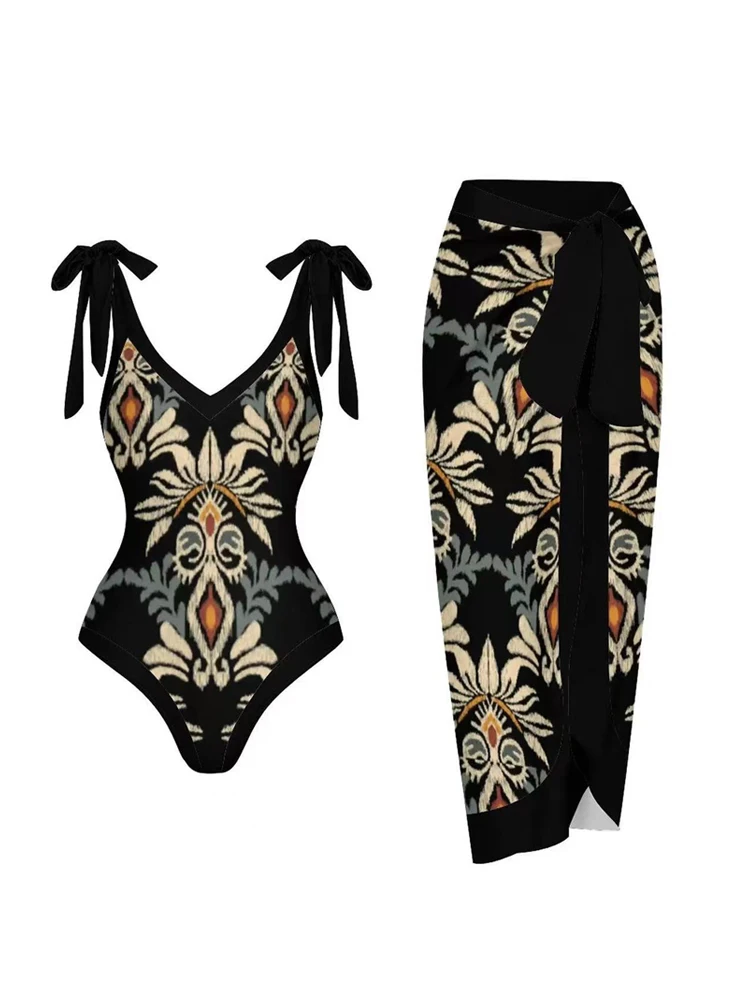 Black Printed V-neck Woman Swimsuits Sexy Backless Lace Up Swimwear 2024 Women One Piece Bikini with Mesh Beach Cover Up Skirt