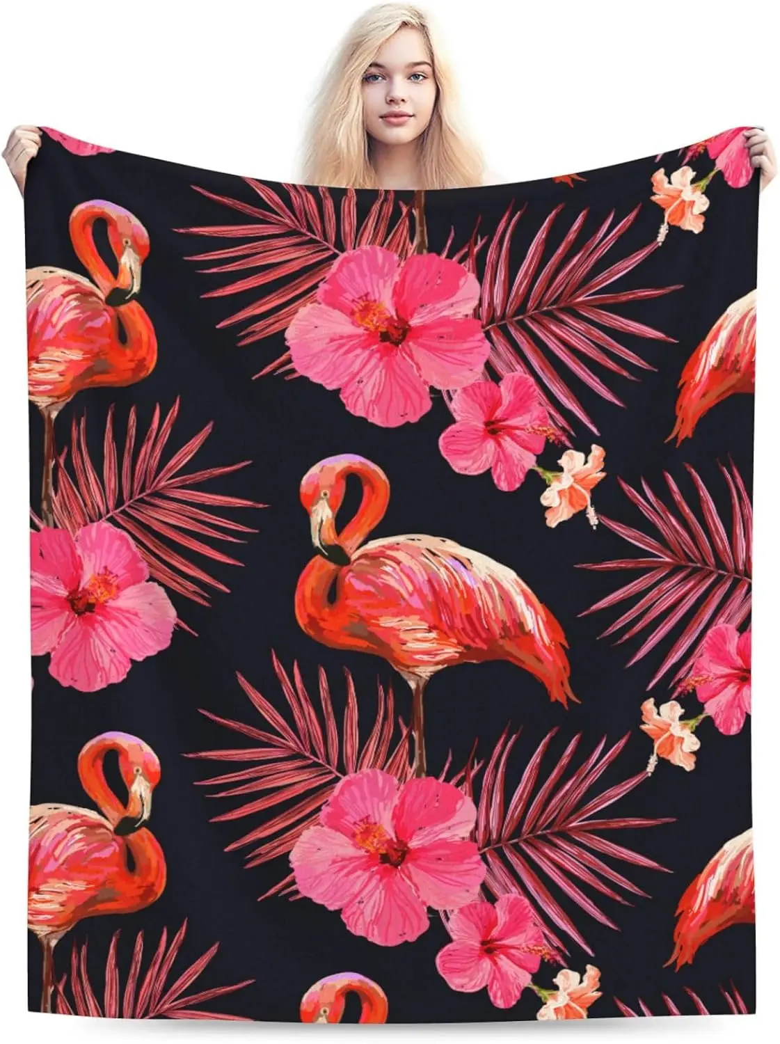 

Flamingo with Tropical Palm Leaves Throw Blanket All Season Warm Light Weight Cozy Plush Blankets for Home Bedroom Sofa Chair