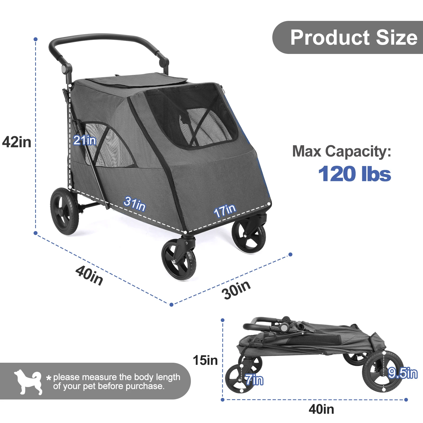 360° swivel Breathe Pet Stroller 4 Wheels Dark Grey Dog Puppy Stroller Rotate with Brakes and Height-Adjustable for Medium Large