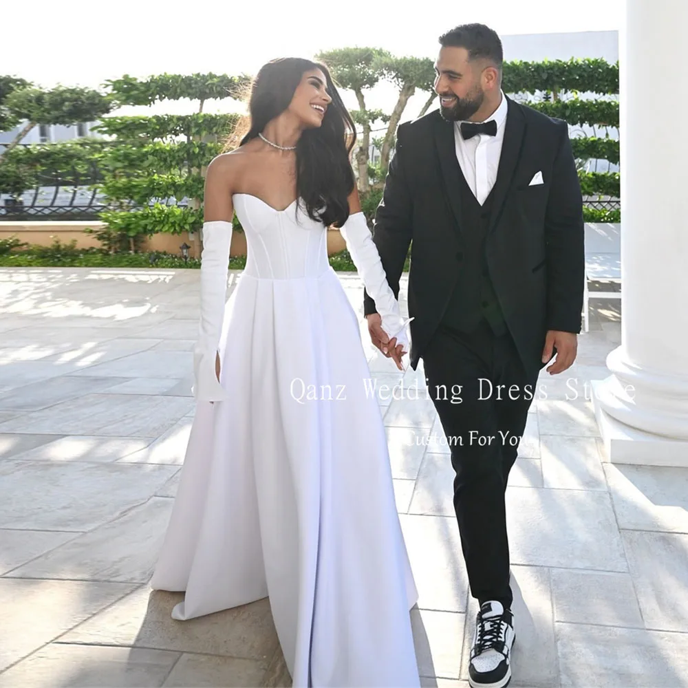 

Qanz Classical White Satin Wedding Dress Long Sweetheart Lace Up Back Vestidos De Novia Full Sleeves Bridal Gowns Customized