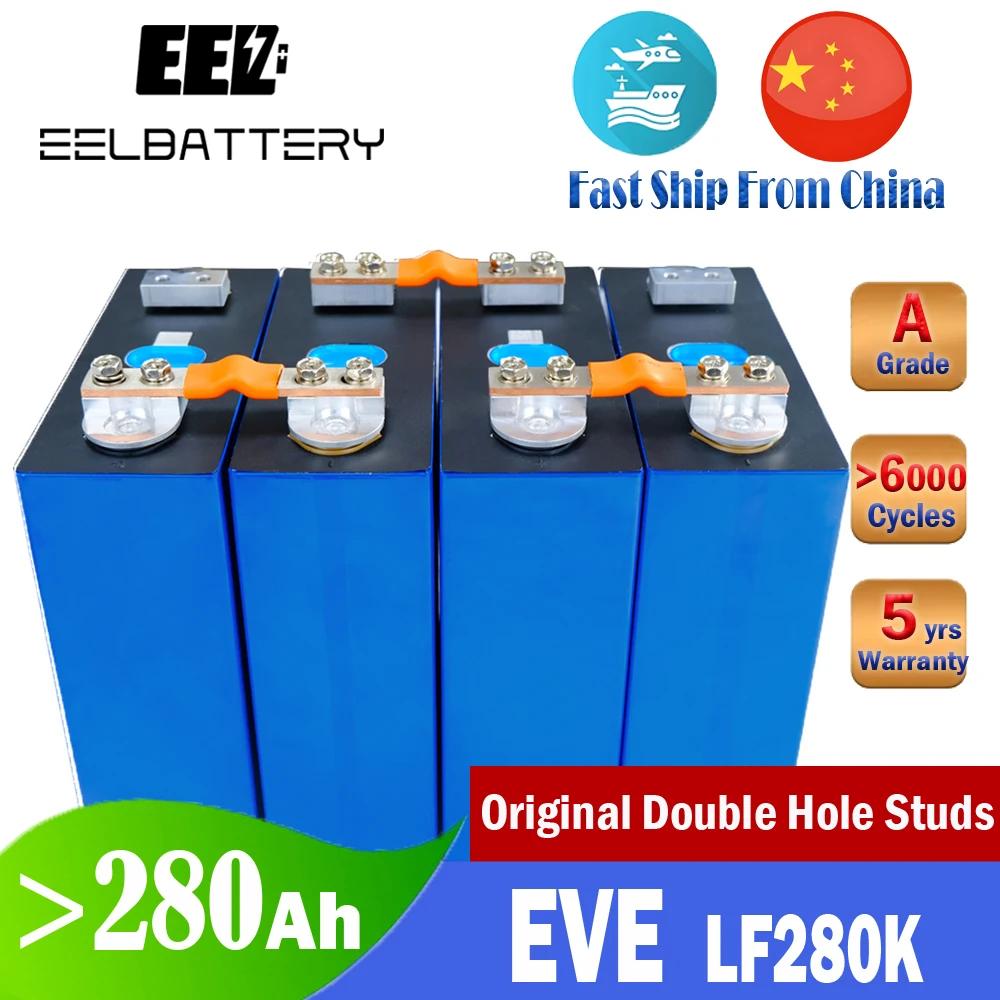 4Pcs EVE LF280k Grade A 3.2V LiFePO4 Battery Cells with Original Welding Double Holes Studs for DIY 12V 48v Home Energy Storage