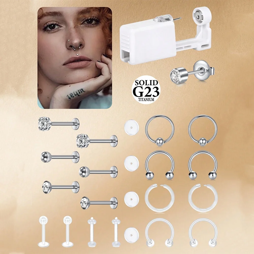 1set G23 Titanium Alloy Ear Piercing Kit Cubic Zirconia Lip Rings Studs Nose Rings Septum Piercing,1Pack Disposable Ear Piercing