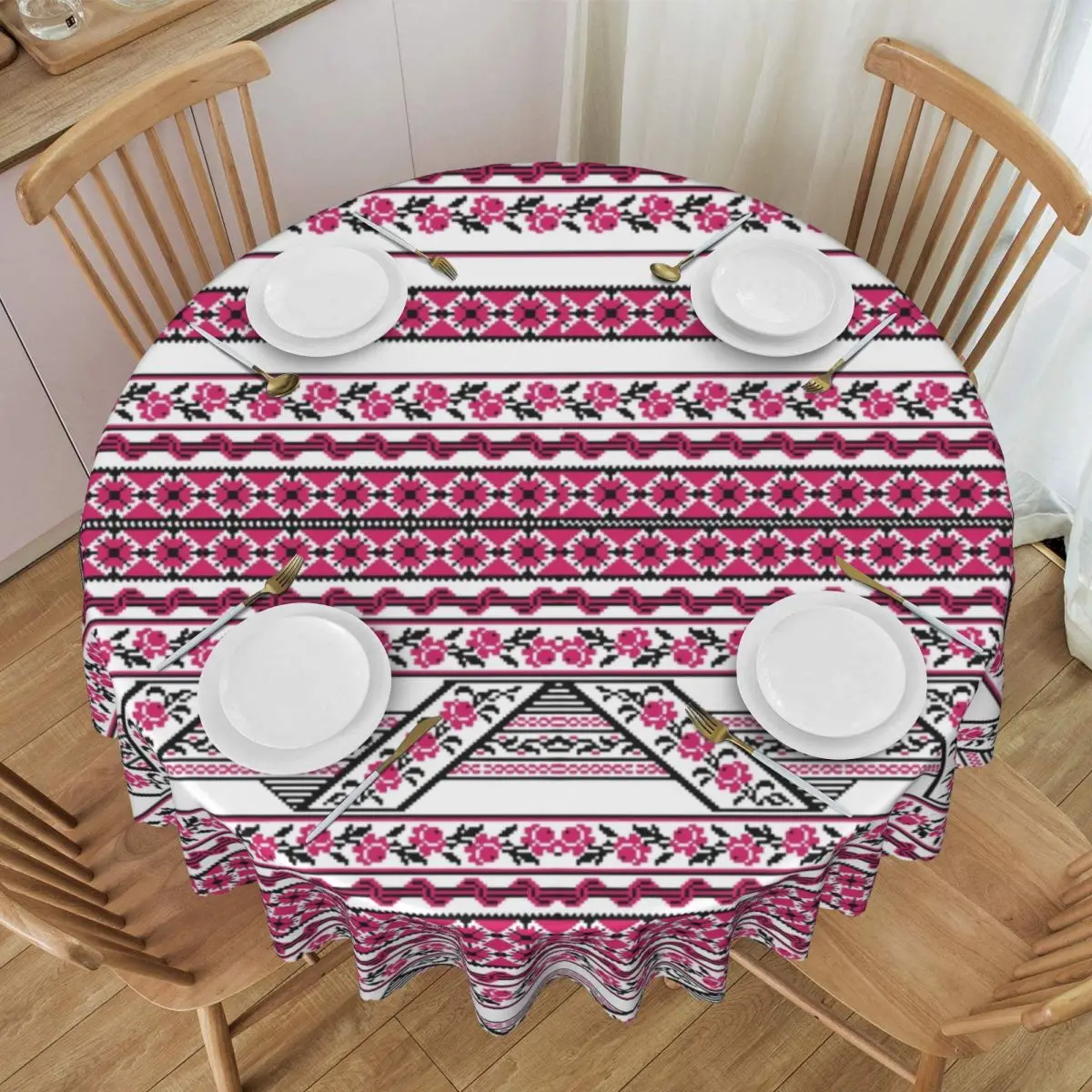 Custom Bold Ukrainian Embroidery Vyshyvanka Tablecloth Round Waterproof Ukraine Bohemian Geometric Table Cover Cloth f