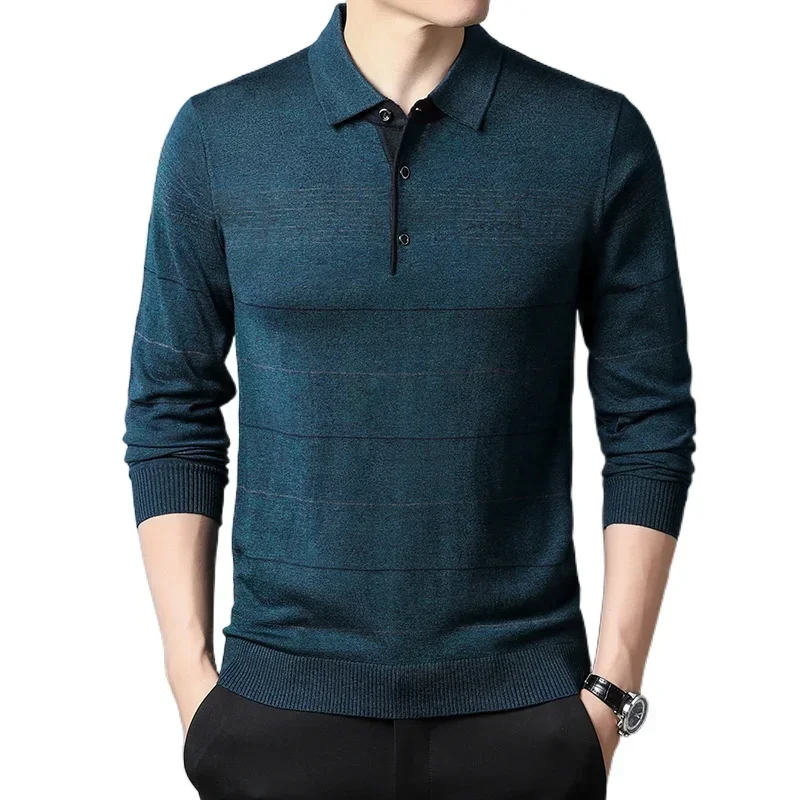 Men's Polo Shirt Non Plush Fashion Casual Long Sleeve Knitted Woolen Sweater Warm  Polos De Rayas