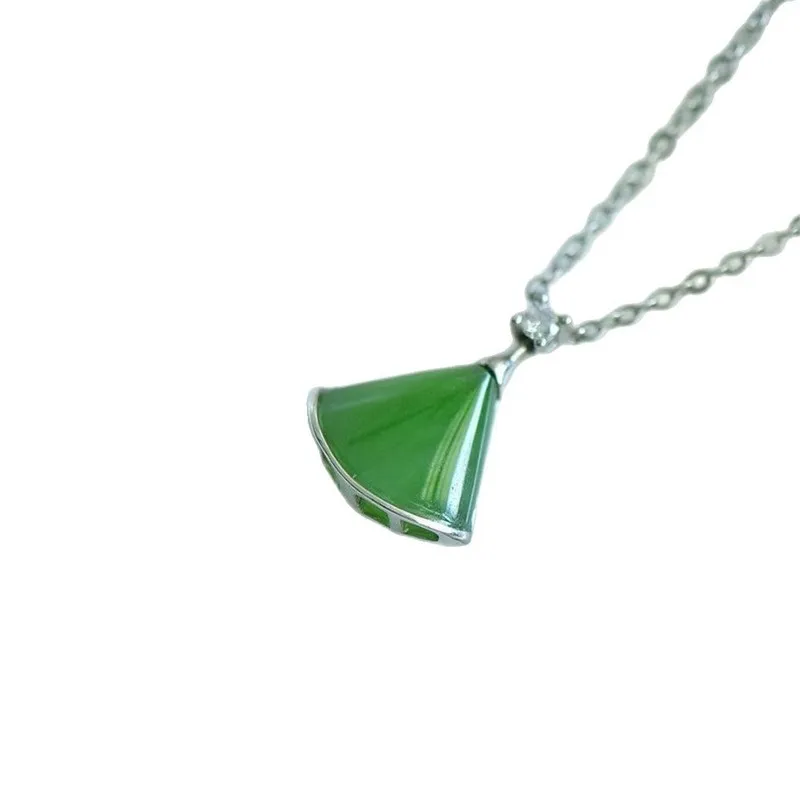 skirt clavicle chain pendant, S925 silver with fan-shaped Hetian jade inlay, passed inspection - view 5