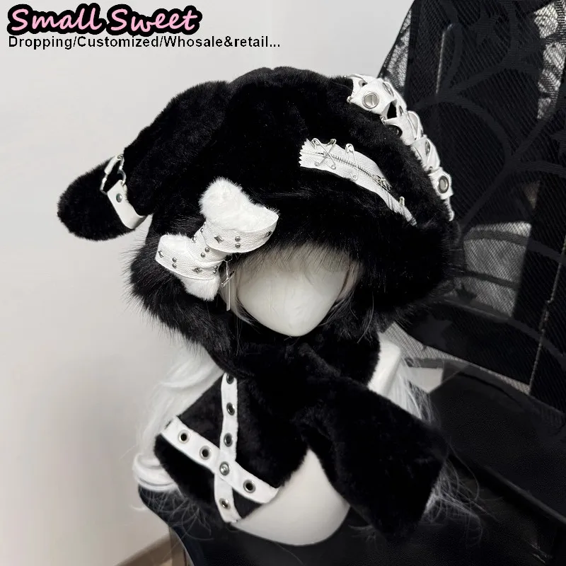 Y2K Girls Women Japanese Harajuku Hat Gothic Rabbit Bunny Ear Winter Warm Fluffy Bone Hat Keep Warm Scarf Steampunk Beanie Hat