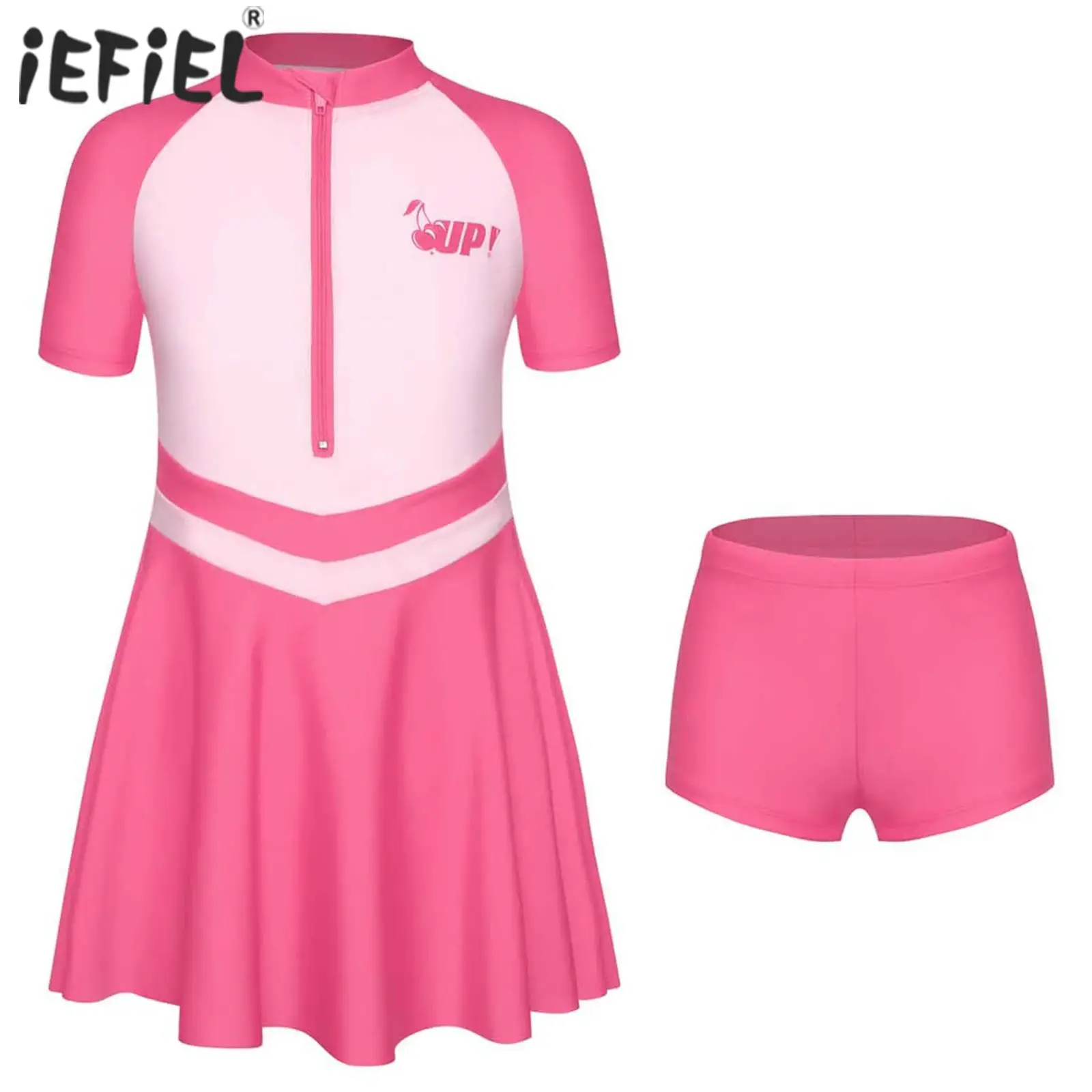 Kids Girls 2-Piece Rash Guard Swimsuit Bathing Suit Beach Swimwear Short Sleeve Front Zipper Contrast Color Dress with Shorts