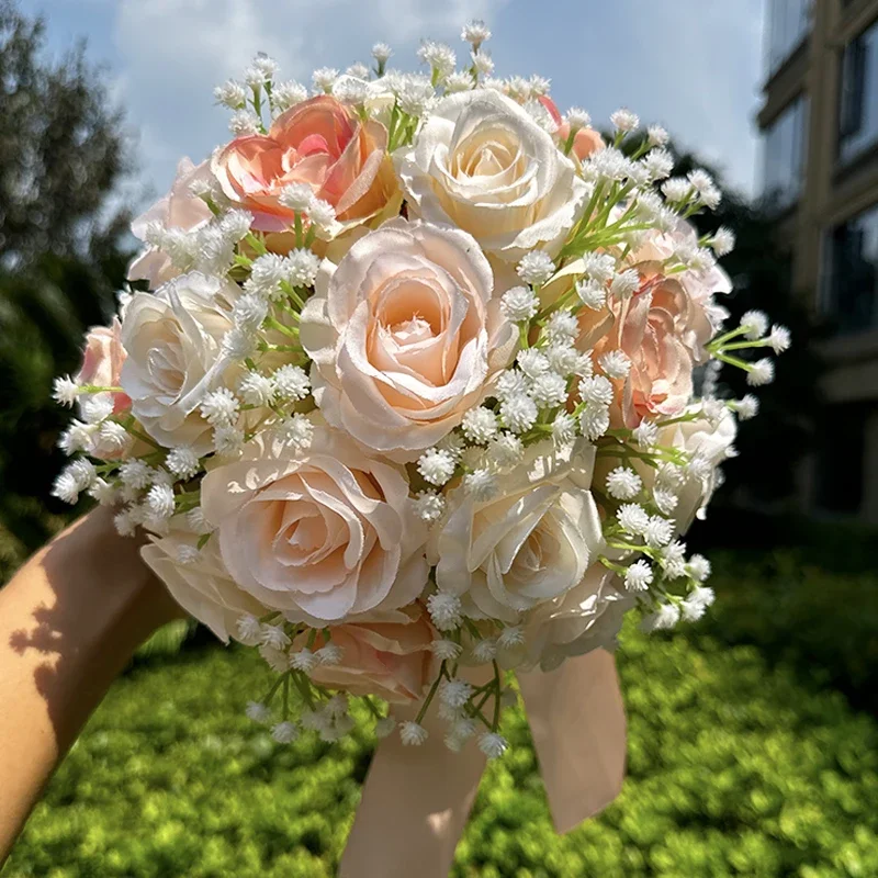 Ramos de boda para novia, ramo de rosas artificiales de seda para novia, ramo de flores de encaje con perlas para decoración del Día de San Valentín