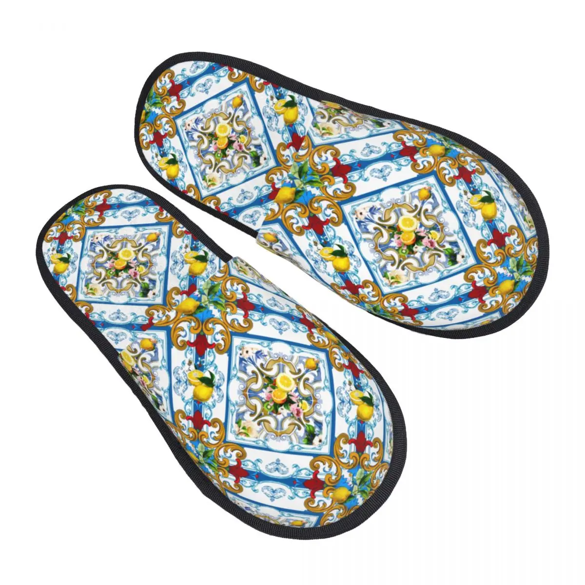 Custom Mediterranean Lemons Citrus Sicilian Tiles Memory Foam Slippers Women Soft Warm House Slippers