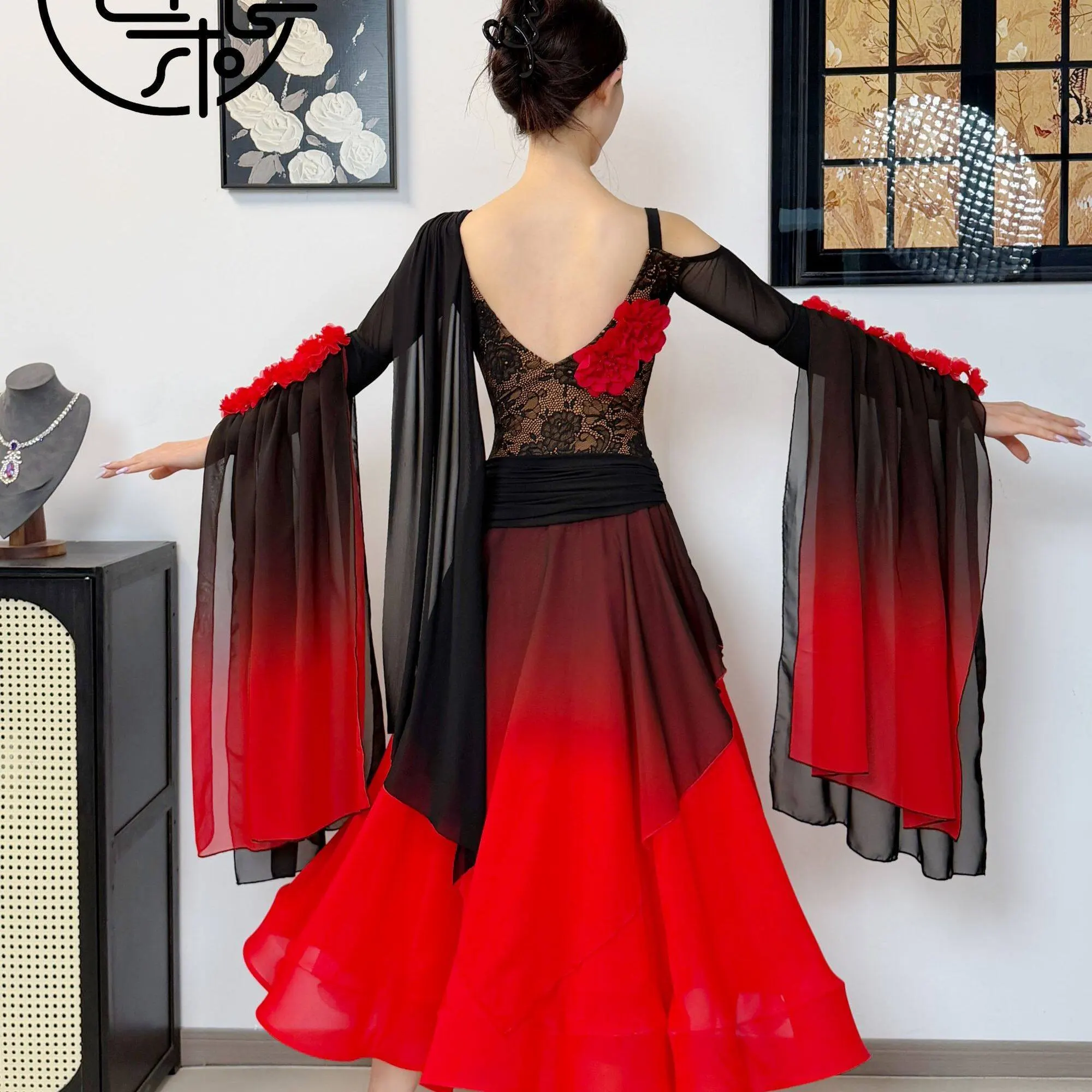 2026 New Ballroom Dance Performance Dress Women Waltz Dancing Clothes Red Black Flower Long Dress Prom Club Dance Wear  BL20315