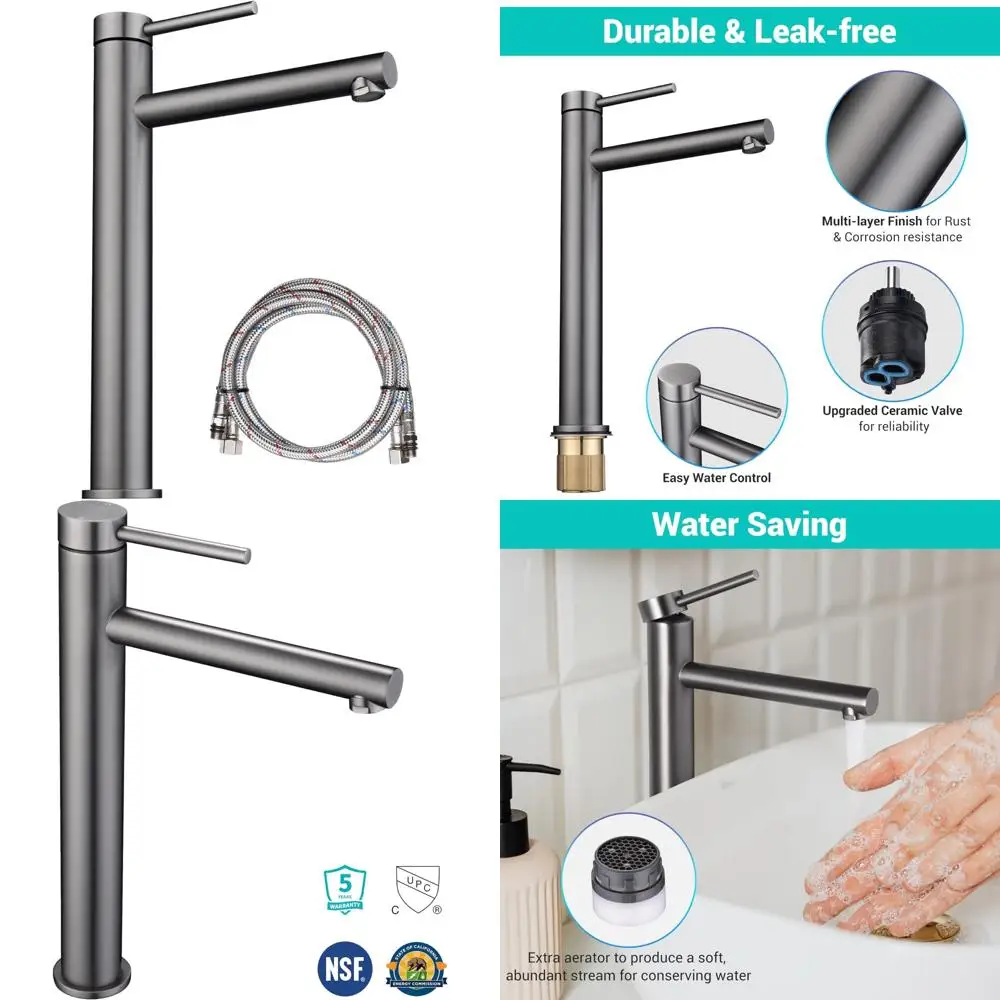 

Commercial Grade Single Handle Bathroom Vessel Sink Faucet, 13 Inch Tall, Non-Lead, Single Hole Vanity Mixer Tap for Durability