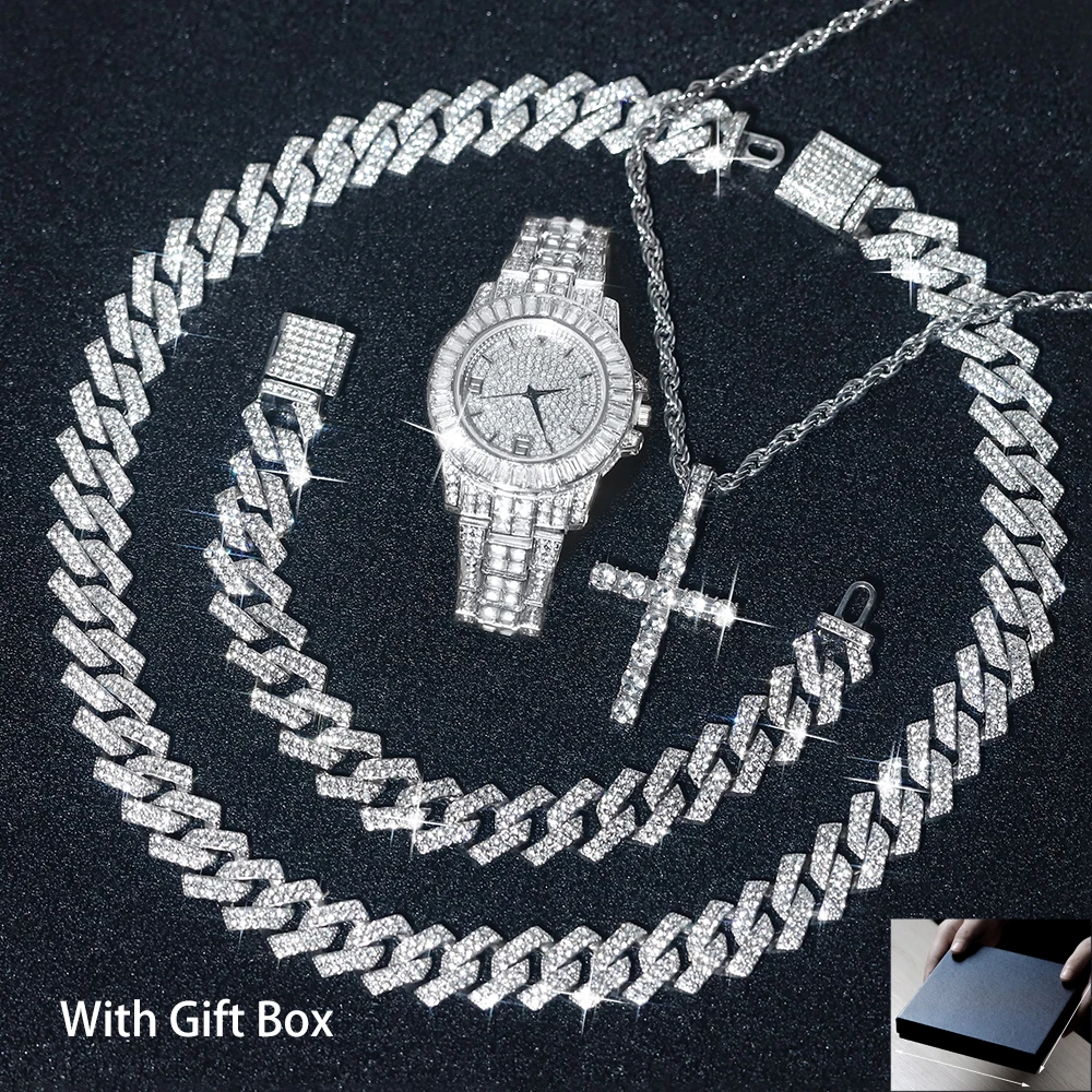 5pcs New Men's Watch Set Stylish Hip-hop Punk Inlay Diamonds Watch+Cross Pendant Necklace+Cuban Chain+Bracelet Jewelry Gift Box