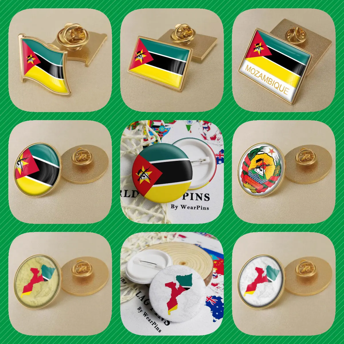 Mozambique Mozambican Map Flag National Emblem Brooches Badges Lapel Pins