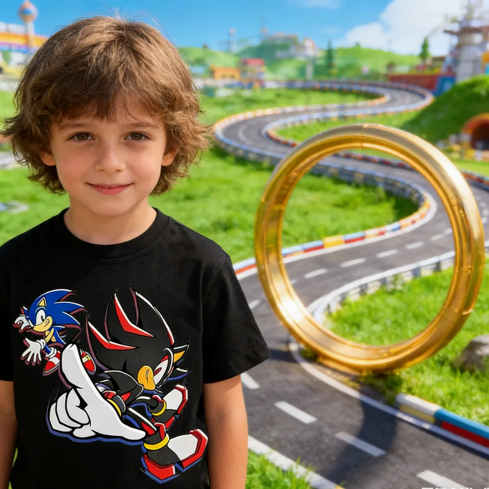 Sonic and Shadow Cotton T-shirt for Kids; A Casual Summer Top Featuring An Anime/cartoon Print and Short Sleeves, Boys Suitable