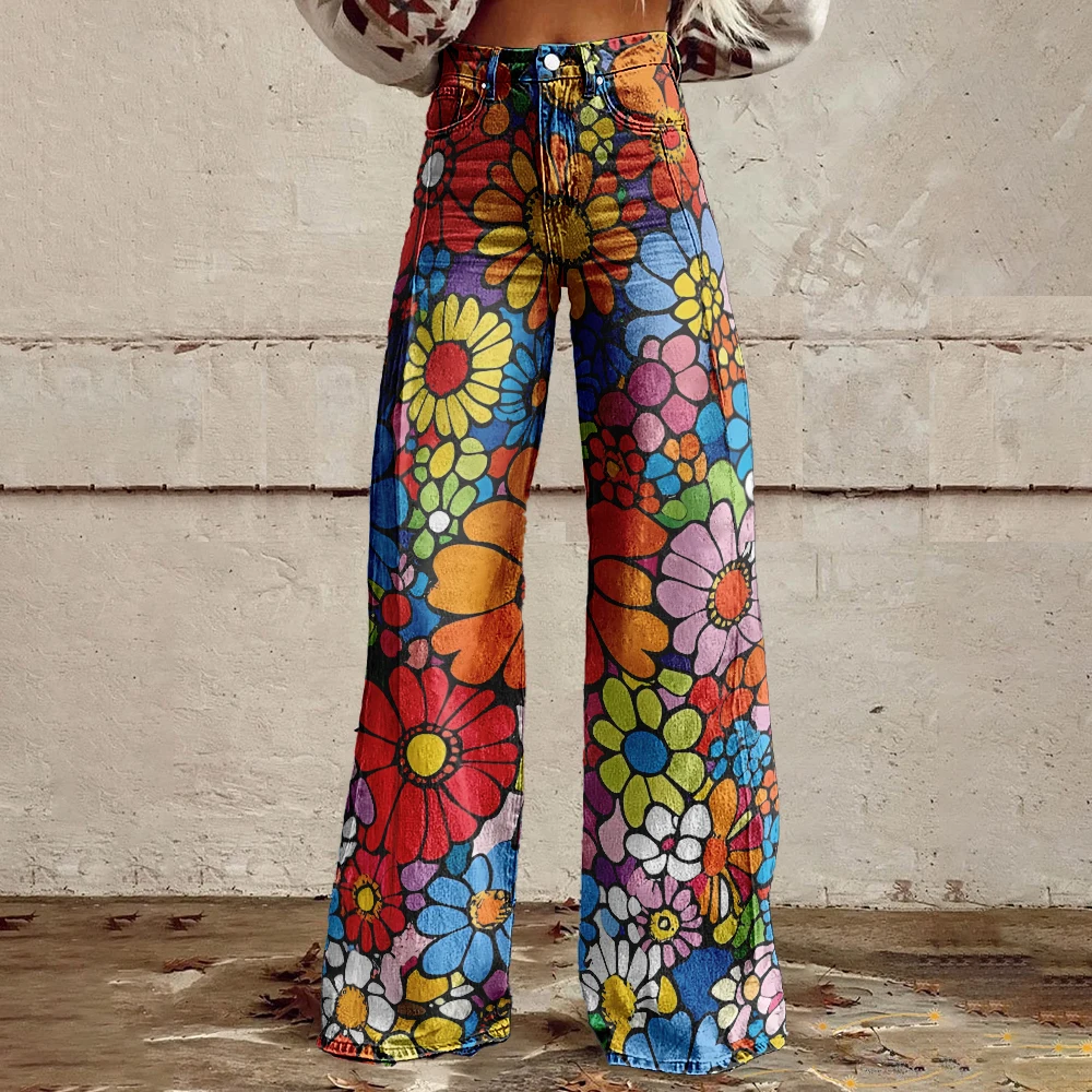

Women's large floral printed wide-leg casual pants, modern European-style sexy pants, retro and fashionable, loose and wide-leg