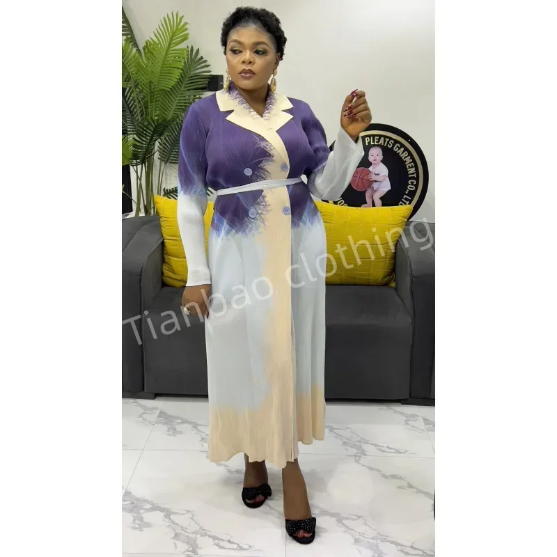 GGHK Pleated Women Large Size Trench 2025 Spring Autumn New Vintage Printed Loose Large Size Cardigan Tie Design Female Abaya