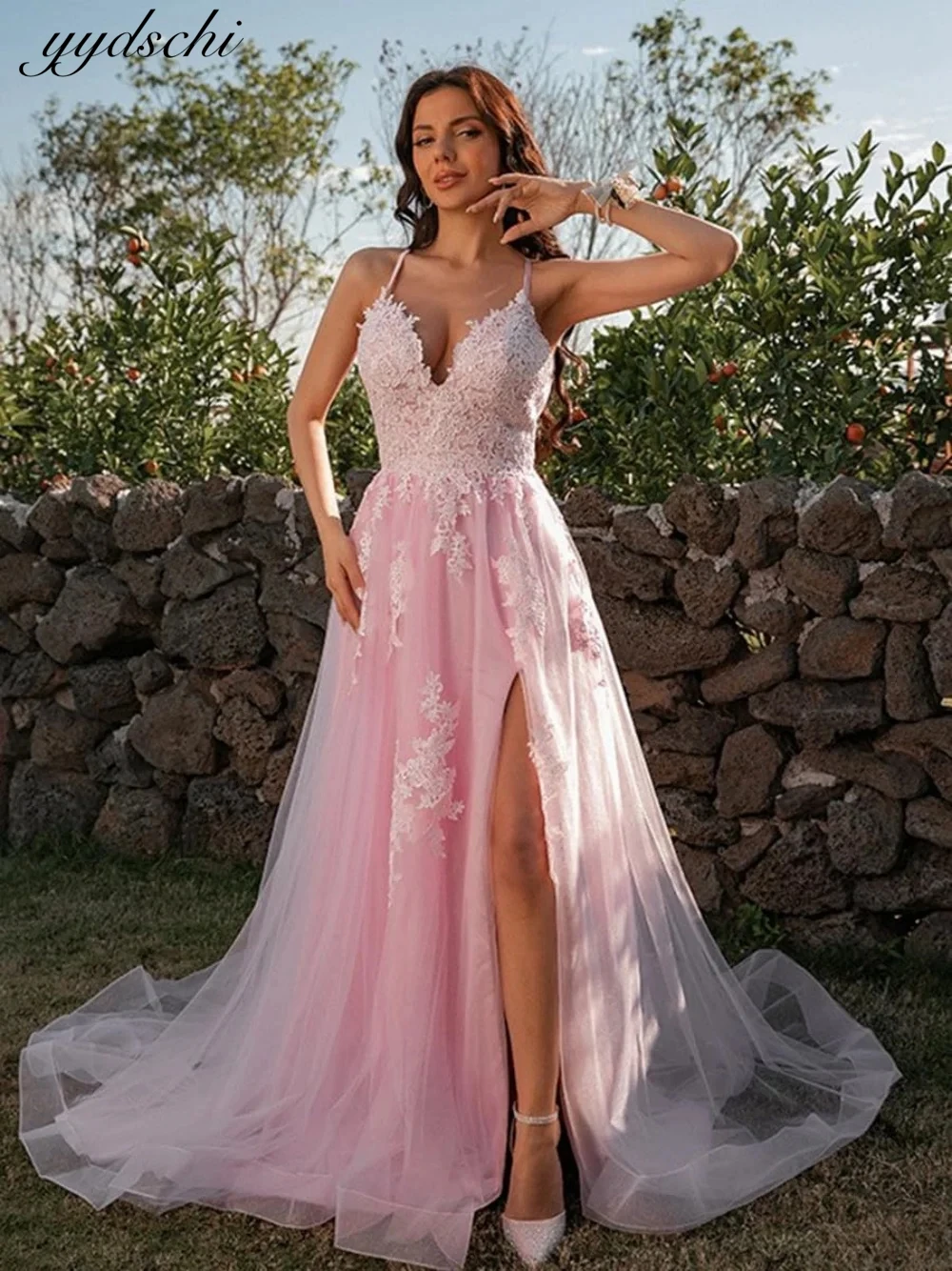 Customized Elegant Tulle V-Neck Straps Appliques Pink Side Split A-Line Evening Dresses For Women 2025 Prom Dresses Party Dress