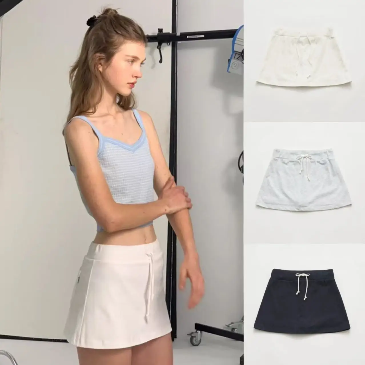 

Юбка трапециевидной формы с высокой талией и поясом, корейская юбка Sle ort для женщин, летняя юбка из хлопкового материала Ci Walk, подставка