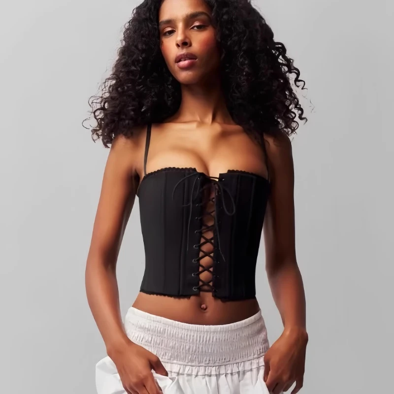 Original Design Black Cross Strap Hollow Out Women's Sling European American Summer New Short Fishbone Waist Hot Girl Top Ladies