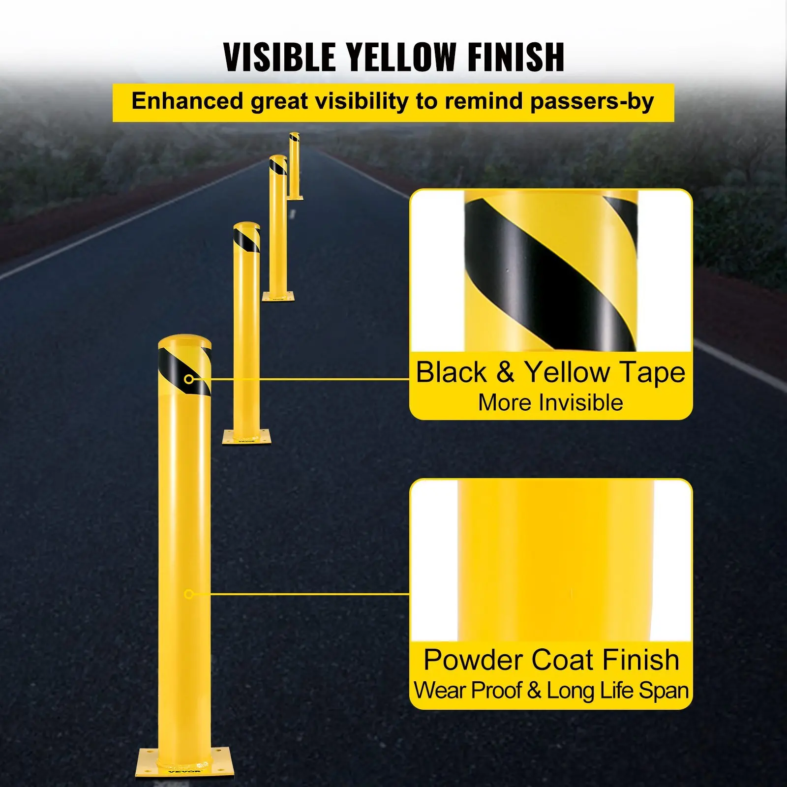 Safety Bollard, 48 Inch Height Bollard Post, 5.5 Inch Diameter Steel Pipe Safety Bollard Post, Yellow Steel Bollard, Steel