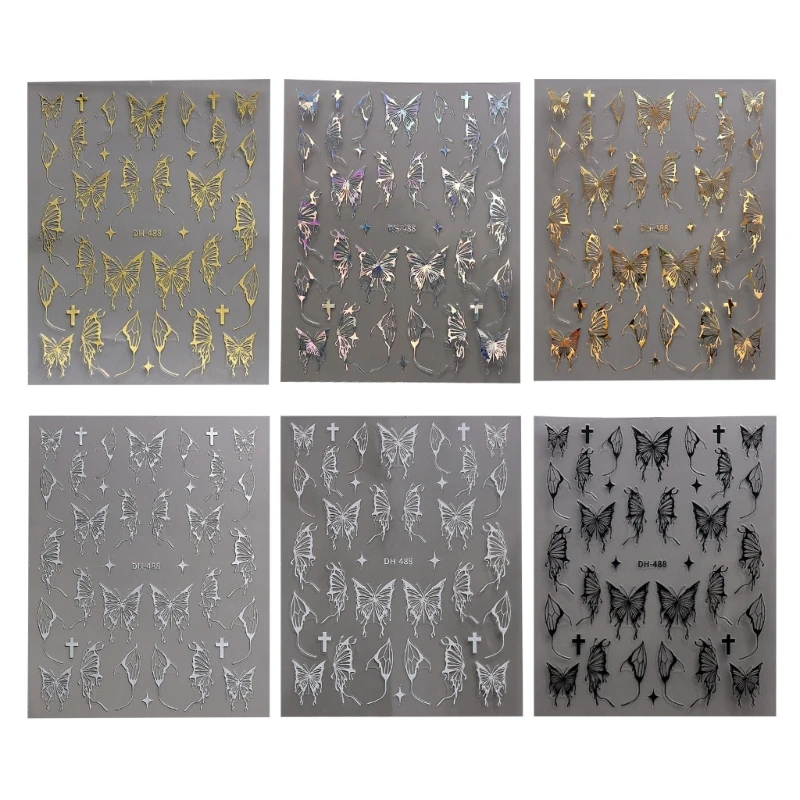 6 Sheets Butterfly 3D Sticker Golden Embossing Nails Stickers Lasers Adhesive Superior DIY Decal Decoration