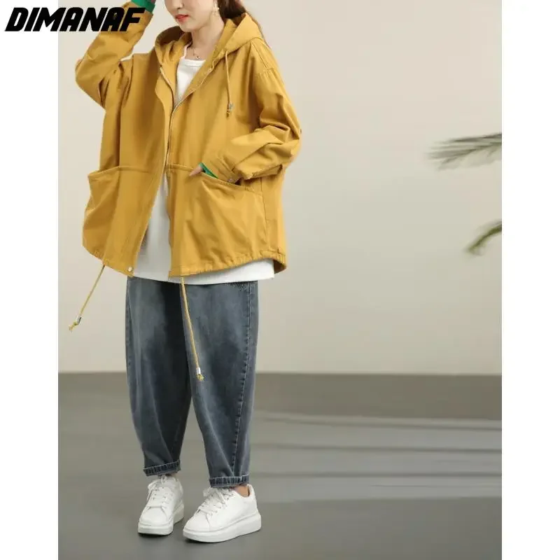 DIMANAF Plus Size Women Jackets Coats Loose Casual Cotton Hooded Fashion Yellow Outerwear Women\'s Clothing Zipper