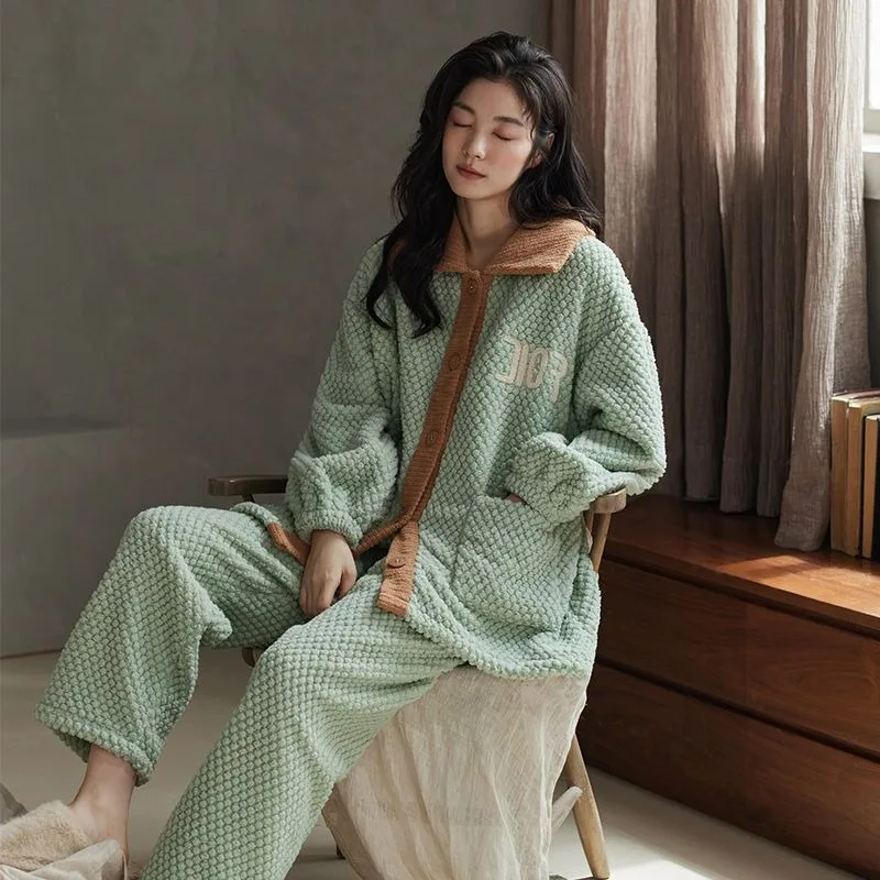 Coral Velvet Pajamas Winter Women Thickened Fleece-lined Embroidered Homewear Suit Female Leisure Warm Comfortable Nightclothes