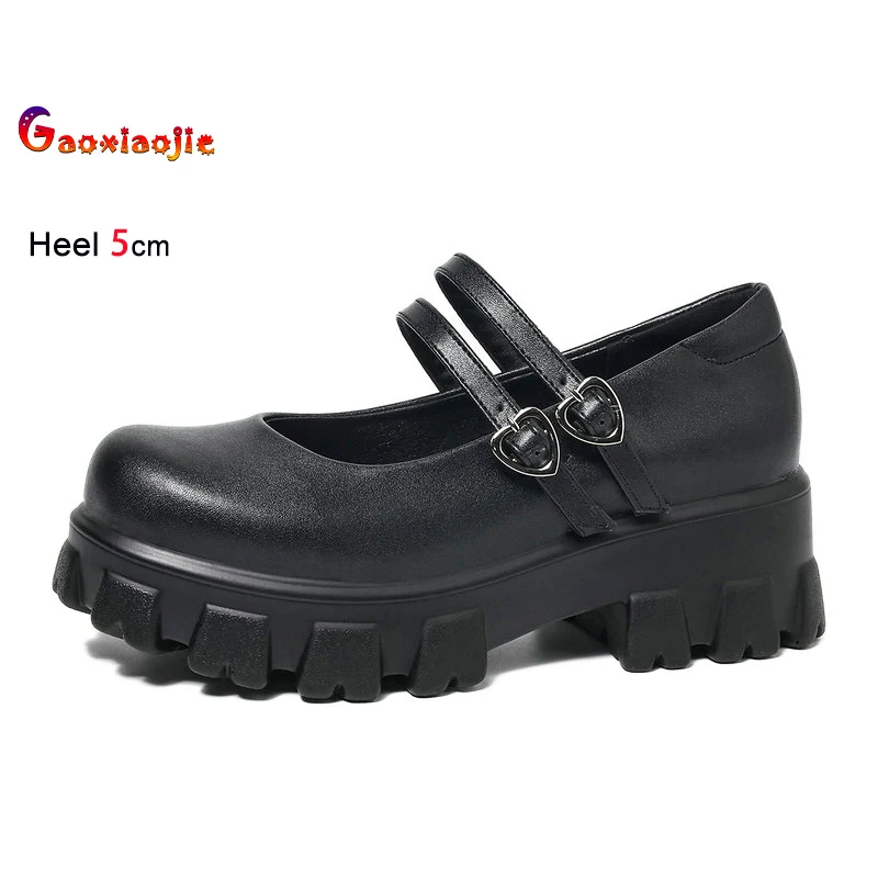 

2026 Spring Double Buckle Thick Bottom Mary Janes Shoes Matte black 5CM Chunky Heel Punk Women's Pumps Cosplay Single Shoes CD
